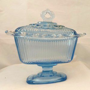 Vintage Indiana Glass Ice Blue Reticulated Edge Footed Wedding Dish with Lid